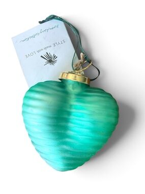 Noonday Frosted Glass Heart Ornament with Ridged Texture and Green Mesh Ribbon
